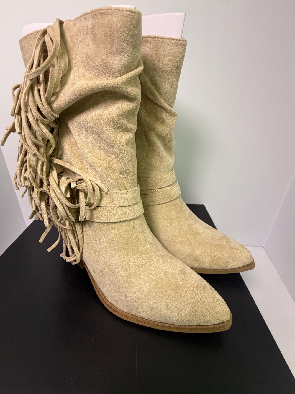 Steve Madden Beige Suede Fringe Mid-Calf Booties - Picture 4 of 9